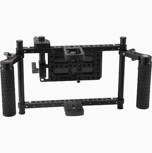 Flaxzy Monitor Atomos Cage Adjustable Height(5"-7") with Rubber Handle Grip for DSLR Attaching LED Light, Microphone, Battery, Monitor, Atomos Ninja, Shogun, Directors Monitor,Black